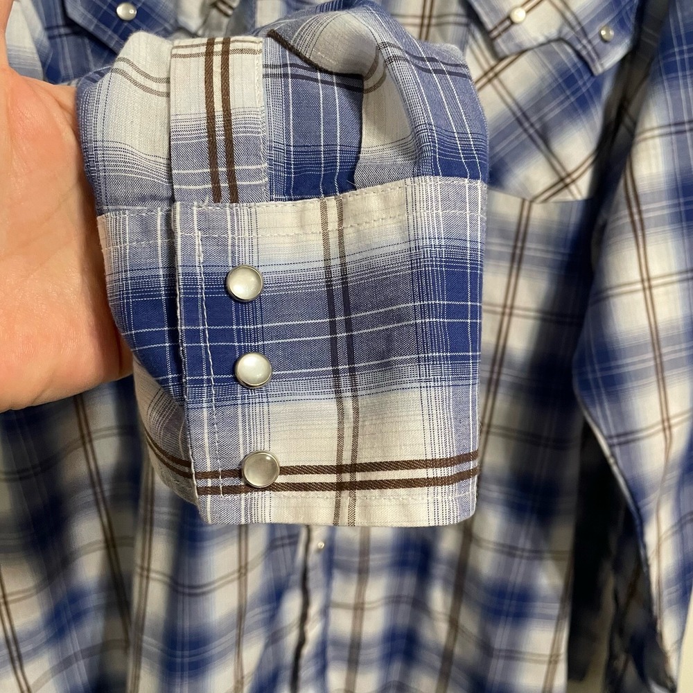 Ely Cattleman Western Pearl Snap‎ Shirt Mens XXL Blue White Plaid Long Sleeve - Picture 6 of 9